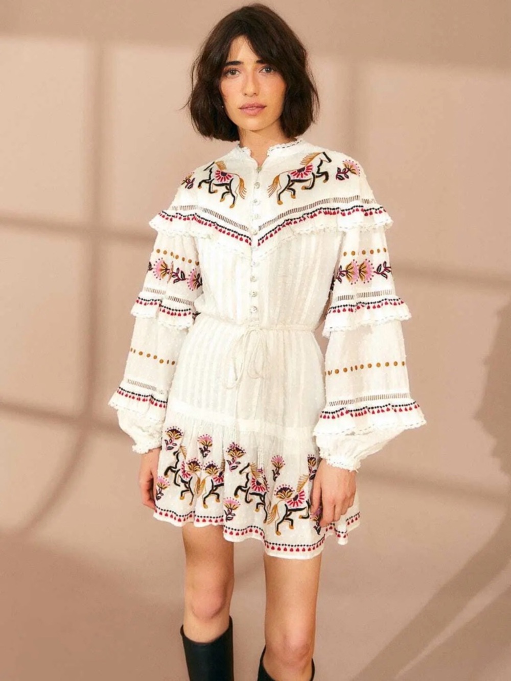 Farm Rio White Embroidered Horses Ruffle Mini Dress